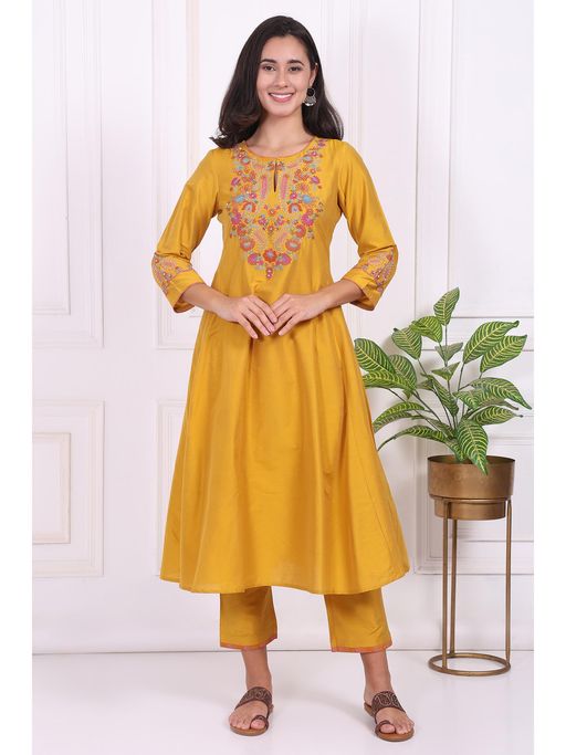 W Yellow Embroidered A-Line Kurta And Pant