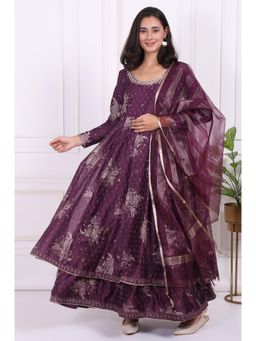 W - Purple Floral Printed Embroidered Anarkali Kurta With Dupatta