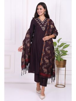 W - Purple Embroidered Straight Kurta With Pant & Dupatta