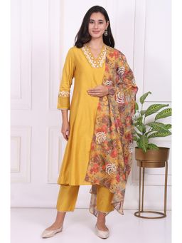 W - Yellow Embroidered A-Line Kurta With Pant & Dupatta