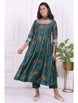 W - Green Floral Printed Sequined Anarkali Kurta With Pant & Dupatta