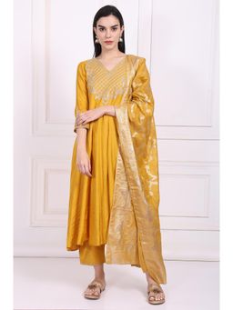 W - Yellow Embroidered Silk Anarkali Kurta With Pant & Dupatta