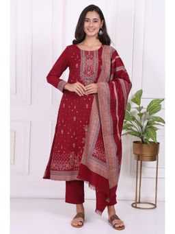 W - Maroon Ethnic Motifs Printed Straight Kurta With Pant & Dupatta