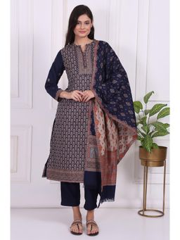 W - Navy Blue Ethnic Motifs Printed Straight Kurta With Pant & Dupatta