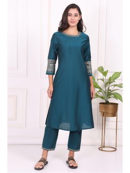 W - Teal Embroidered Straight Kurta & Pant