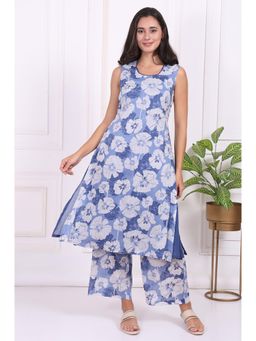 W - Blue Floral Printed Pure Cotton A-Line Kurta And Flared Pant