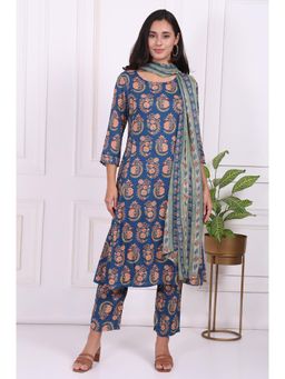 W - Blue Floral Printed A-Line Kurta With Pant & Dupatta
