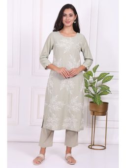 W - Green Floral Printed Embroidered Rayon Straight Kurta & Pant