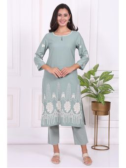 W - Light Green Embroidered Rayon Straight Kurta & Pant