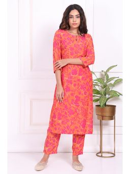 W - Orange Floral Printed Mirror Work Modal Straight Kurta