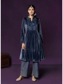 Lakshita - Blue Embroidered Velvet A-line Kurta