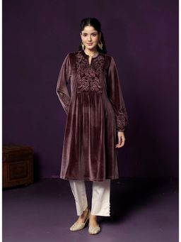 Lakshita - Brown Embroidered Velvet A-line Kurta