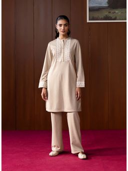 Lakshita - Beige Embroidered Wool Straight Kurta