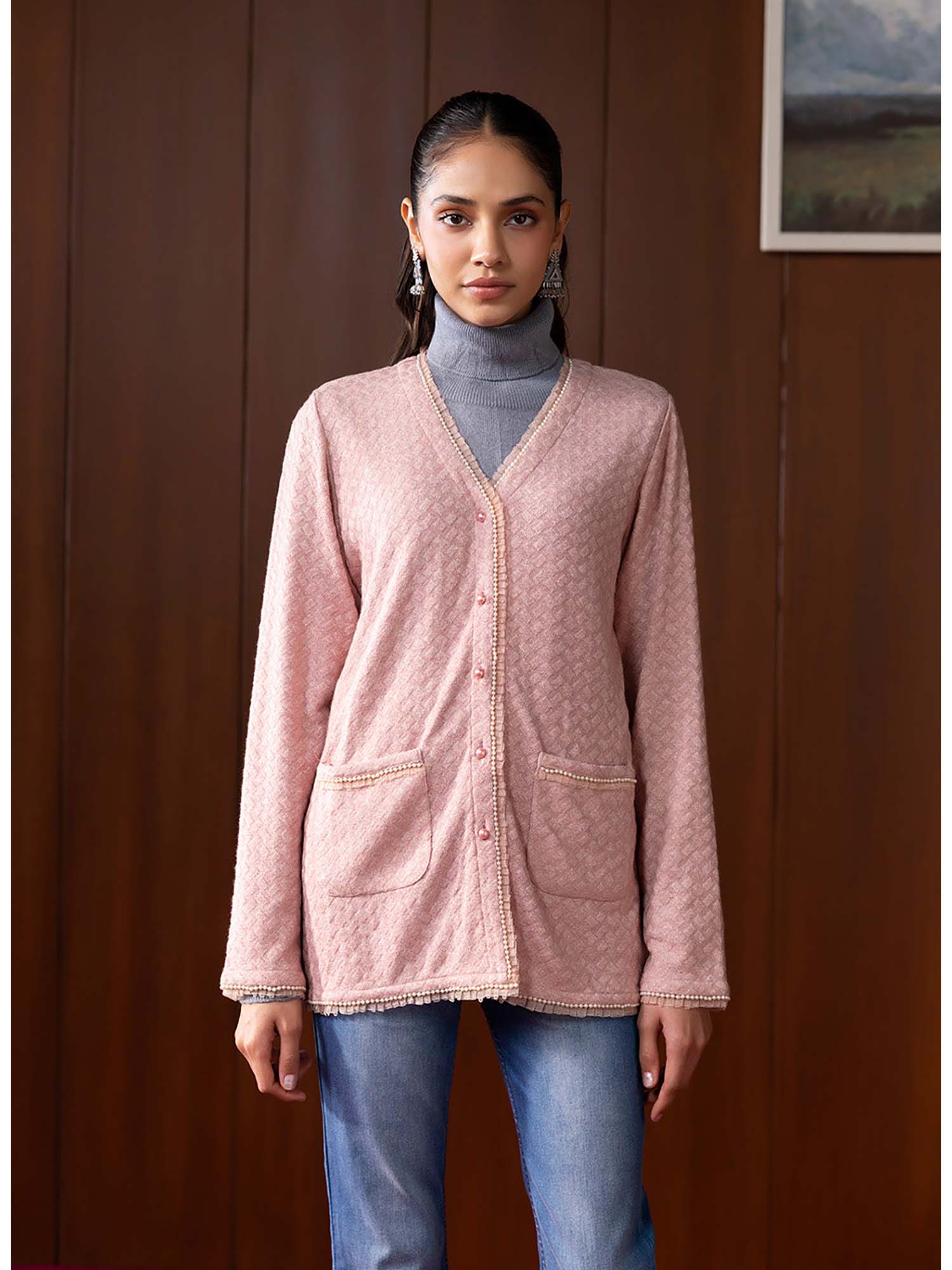 lakshita Pink Knitted Jacquard Monochrome Shrug-picture-19