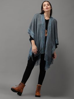 SHOWOFFFF - Womens Sleeveless Longline Teal Self Design Poncho