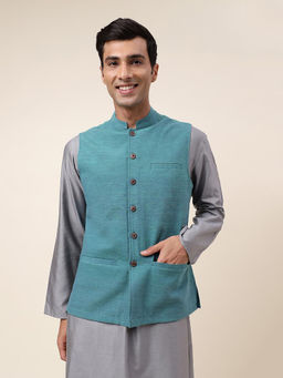 Fabindia - Blue Cotton Hand Woven Nehru Jacket