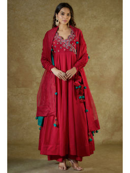 THE AARYA - Red Chanderi Embroidered Anarkali And Palazzo With Dupatta