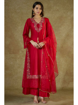THE AARYA - Red Embroidered Organza Panelled Kurta And Palazzo With Dupatta