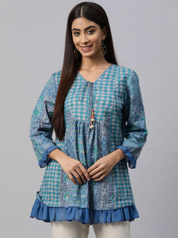 Nayam by lakshita - Blue Printed Neck Tie-Up Longline Tunic