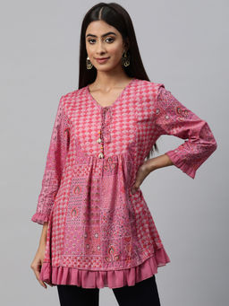 Nayam by lakshita - Pink Printed Neck Tie-Up Longline Tunic