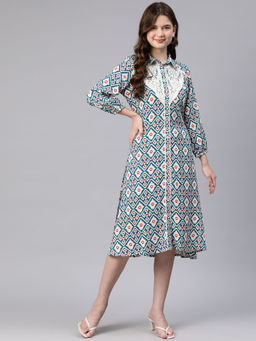 Nayam by lakshita - Teal Printed Embroidered Patchwork Dress