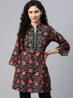 Nayam by lakshita - Black Floral Embroidered Shirt Collar Tunic