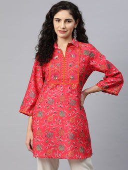 Nayam by lakshita - Pink Floral Embroidered Shirt Collar Tunic