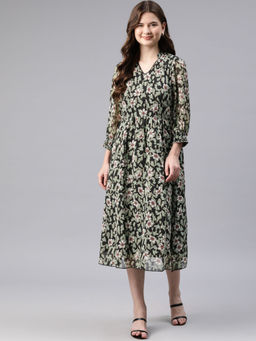 Nayam by lakshita - Green Floral Printed Lace Insert Dress