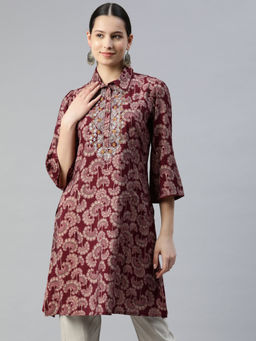 Nayam by lakshita - Maroon Printed Embroidered Shirt Collar Tunic