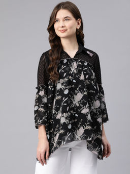 Nayam by lakshita - Black Floral Printed Spread Collar Top