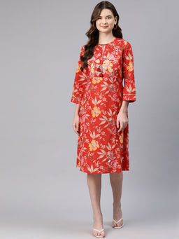 Nayam by lakshita - Red Printed Tie-Up Neck Dress