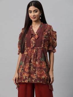 Nayam by lakshita - Rust Printed Neck Tie-Up Top