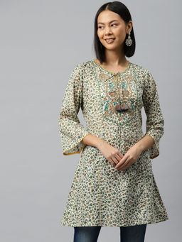 Nayam by lakshita - Green Printed Embroidered Neck Tie-Up Tunic