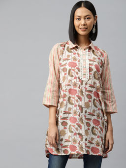 Nayam by lakshita - Peach Floral Printed Lace Work Shirt Collar Tunic