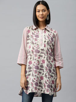 Nayam by lakshita - Purple Floral Printed Lace Work Shirt Collar Tunic