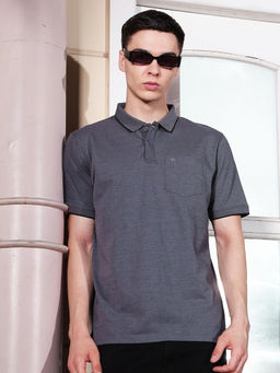 CRIMSOUNE CLUB - Grey Cotton Blend Collar Neck Half Sleeves Textured Polo T-shirt