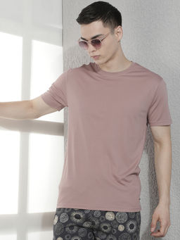 CRIMSOUNE CLUB - Mauve Viscose Blend Round Neck Half Sleeves Solid T-shirt