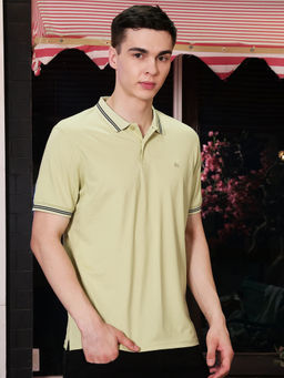 CRIMSOUNE CLUB - Green Cotton Blend Collar Neck Half Sleeves Solid Polo T-shirt
