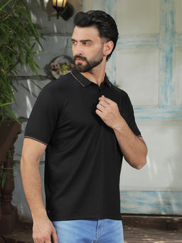 CRIMSOUNE CLUB - Black Nylon Collar Neck Half Sleeves Solid Polo T-shirt