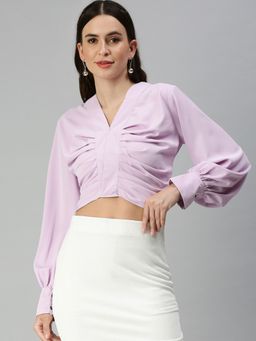 SHOWOFF - Women V-Neck Solid Lavender Crop Top