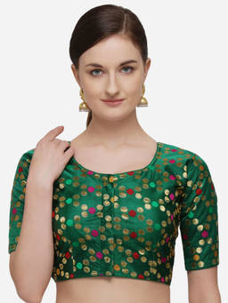 Amrutam Fab - Womens Printed Green Jacquard Stiched Blouse With Round Neck