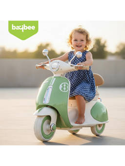 BAYBEE - Green Vintage 6V Ride-On Bike with LED Lights, Music & 3-Wheel Stability (2-6 Years)