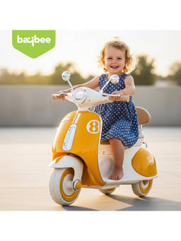 BAYBEE - Yellow Vintage 6V Ride-On Bike with LED Lights, Music & 3-Wheel Stability (2-6 Years)