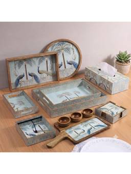 DULI - MangoWood Serving Combo Set with Peacock Design Decorative Tableware Set