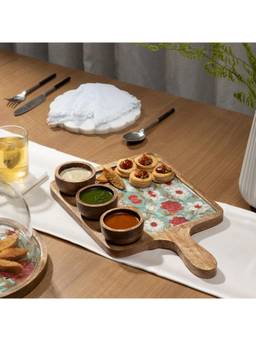 DULI - MangoWood Decorative Serving Platter With 3 Bowls Snacks Serving Platter with Handle