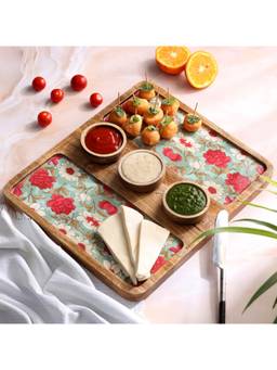 DULI - Mangowood 2 Sided Serving Platter With 3 Bowls Snacks Serving Platter with Bowls