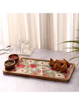DULI - Mangowood Rectangle Serving Platter With 2 Bowls Snacks Serving Platter with bowls
