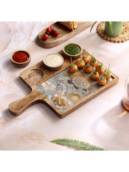 DULI - MangoWood Decorative Serving Platter With 3Bowls Snacks Serving Platter with Handle