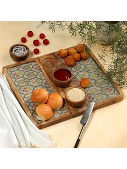 DULI - Mangowood 2 Sided Serving Platter With 3 Bowls Snacks Serving Platter with Bowls