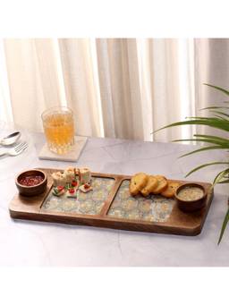 DULI - Mangowood Long Serving Platter With 2 Bowls Snacks Serving Platter with Bowls